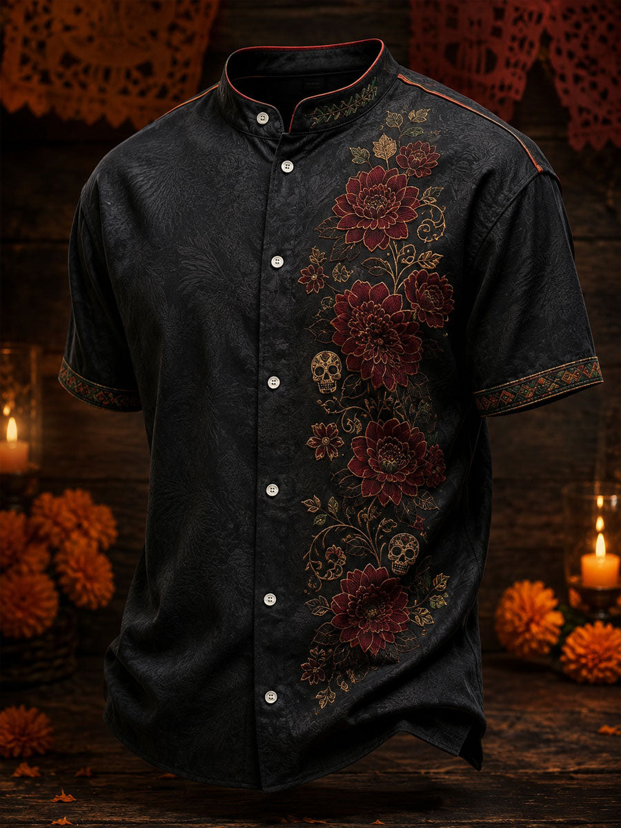 Men's Mexico Day of The Dead Floral Art Printed Linen Shirt