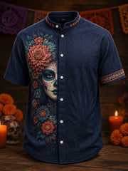 Men's Mexico Day of The Dead Floral Art Printed Linen Shirt