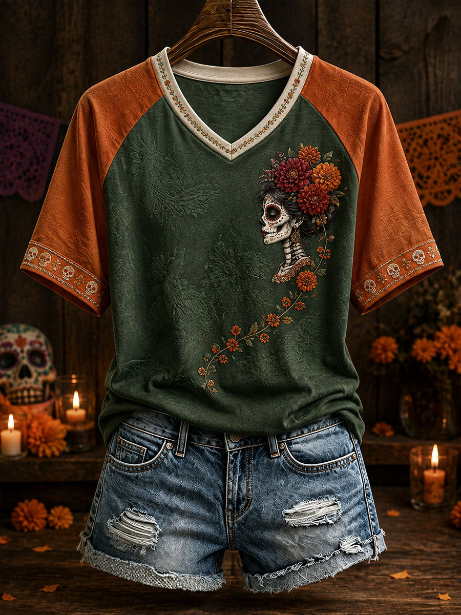 Women's Mexico Day of The Dead Floral Art Printed T-Shirt