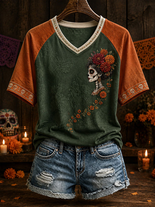 Women's Mexico Day of The Dead Floral Art Printed T-Shirt