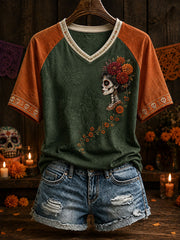 Women's Mexico Day of The Dead Floral Art Printed T-Shirt
