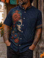 Men's Mexico Day of The Dead Floral Art Printed Linen Shirt