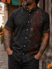 Men's Mexico Day of The Dead Floral Art Printed Linen Shirt