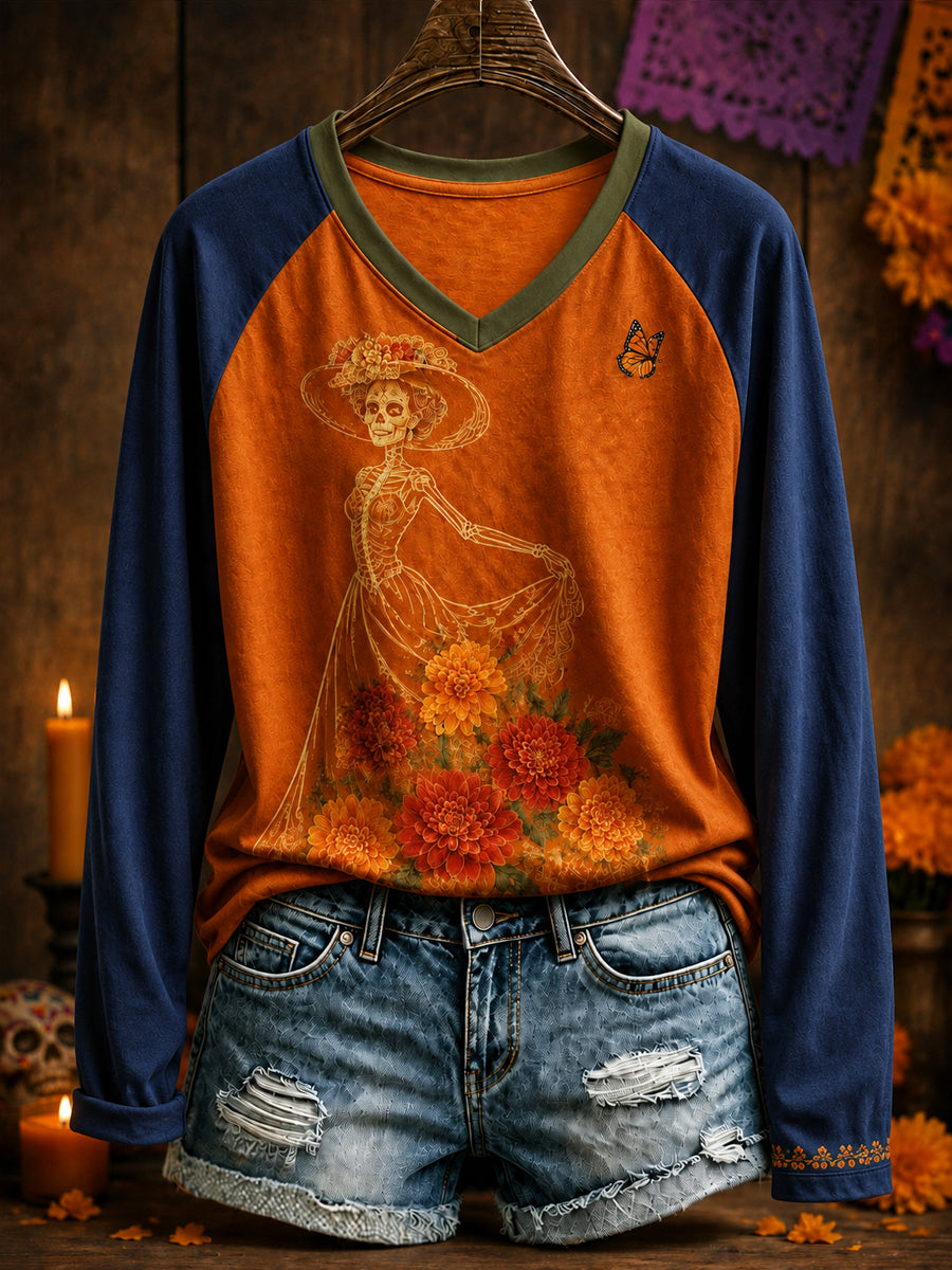 Women's Mexico Day of The Dead Floral Art Printed T-Shirt
