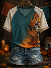 Women's Mexico Day of The Dead Floral Art Printed T-Shirt