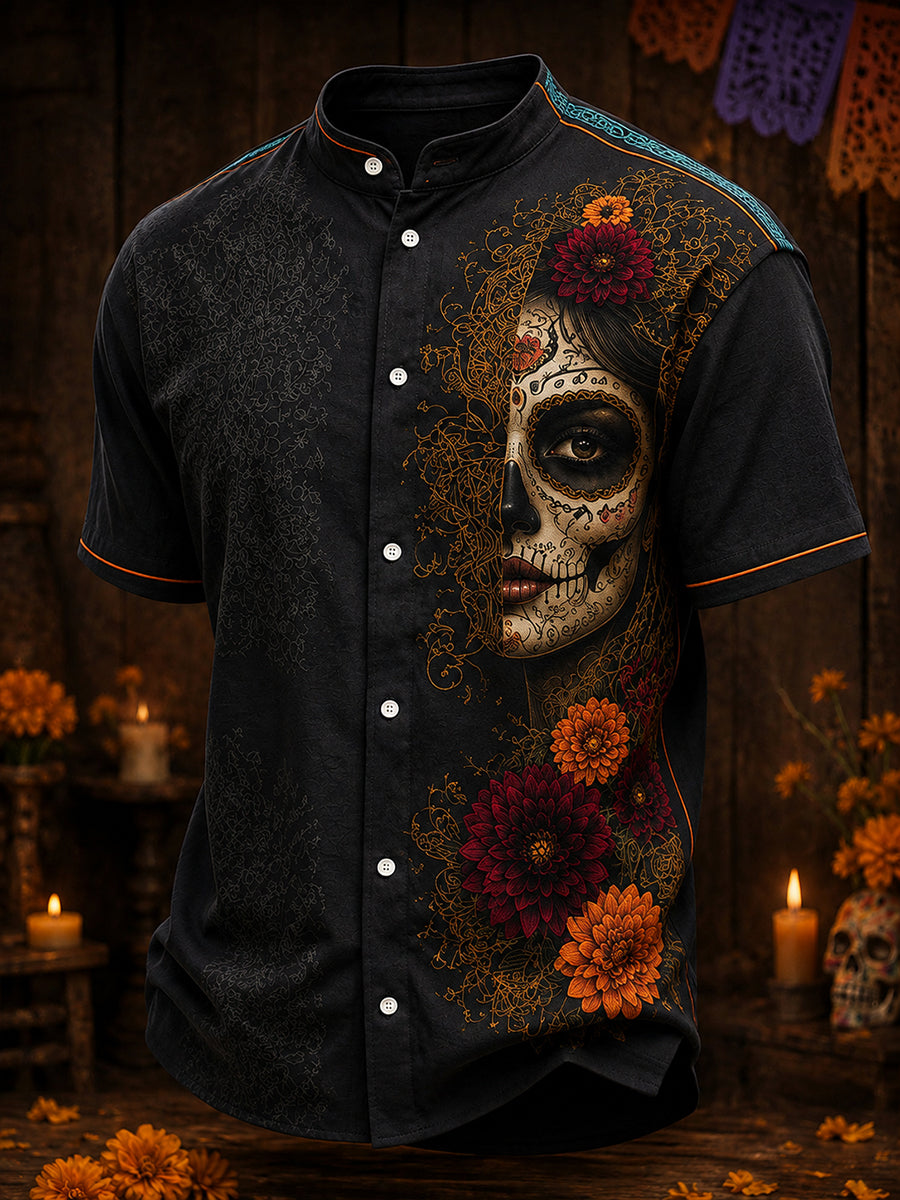 Men's Mexico Day of The Dead Floral Art Printed Linen Shirt