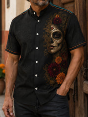 Men's Mexico Day of The Dead Floral Art Printed Linen Shirt