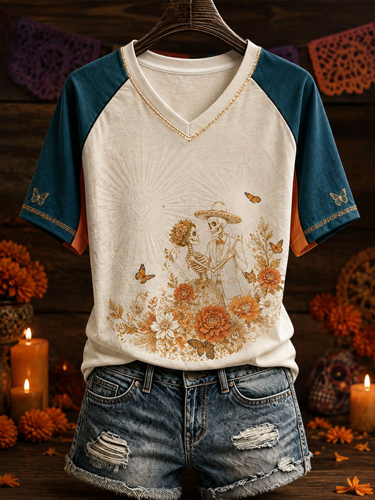 Women's Mexico Day of The Dead Floral Art Printed T-Shirt