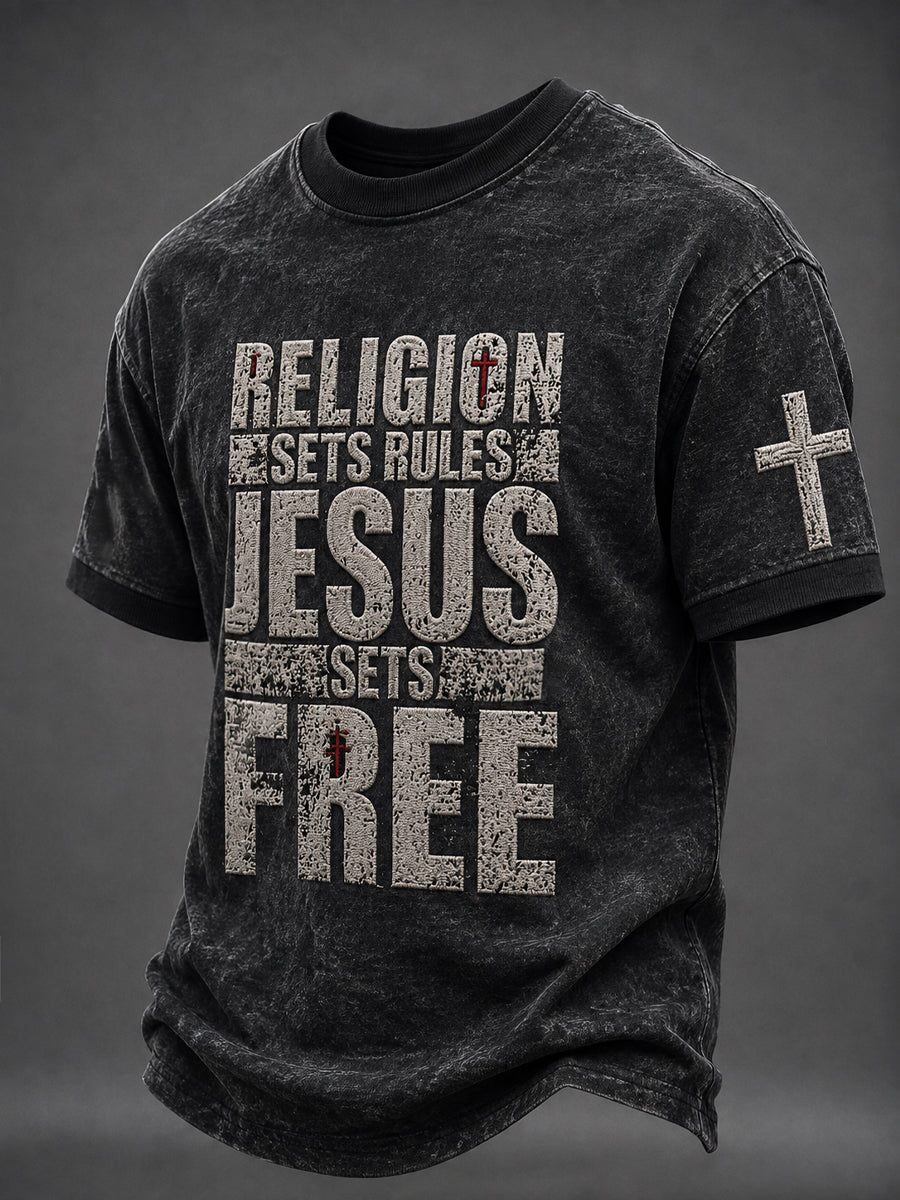 Men's Faith “RELIGION SETS RULES JESUS SETS FREE” Printed T-shirt