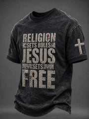 Men's Faith “RELIGION SETS RULES JESUS SETS FREE” Printed T-shirt