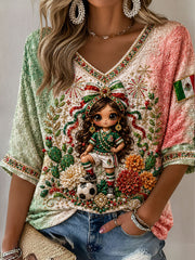 Women's Mexico Football Lover Lele Doll Art Printed T-shirt