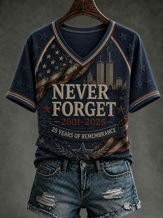 Women's 9.11 Never Forget Printed V-neck T-shirt