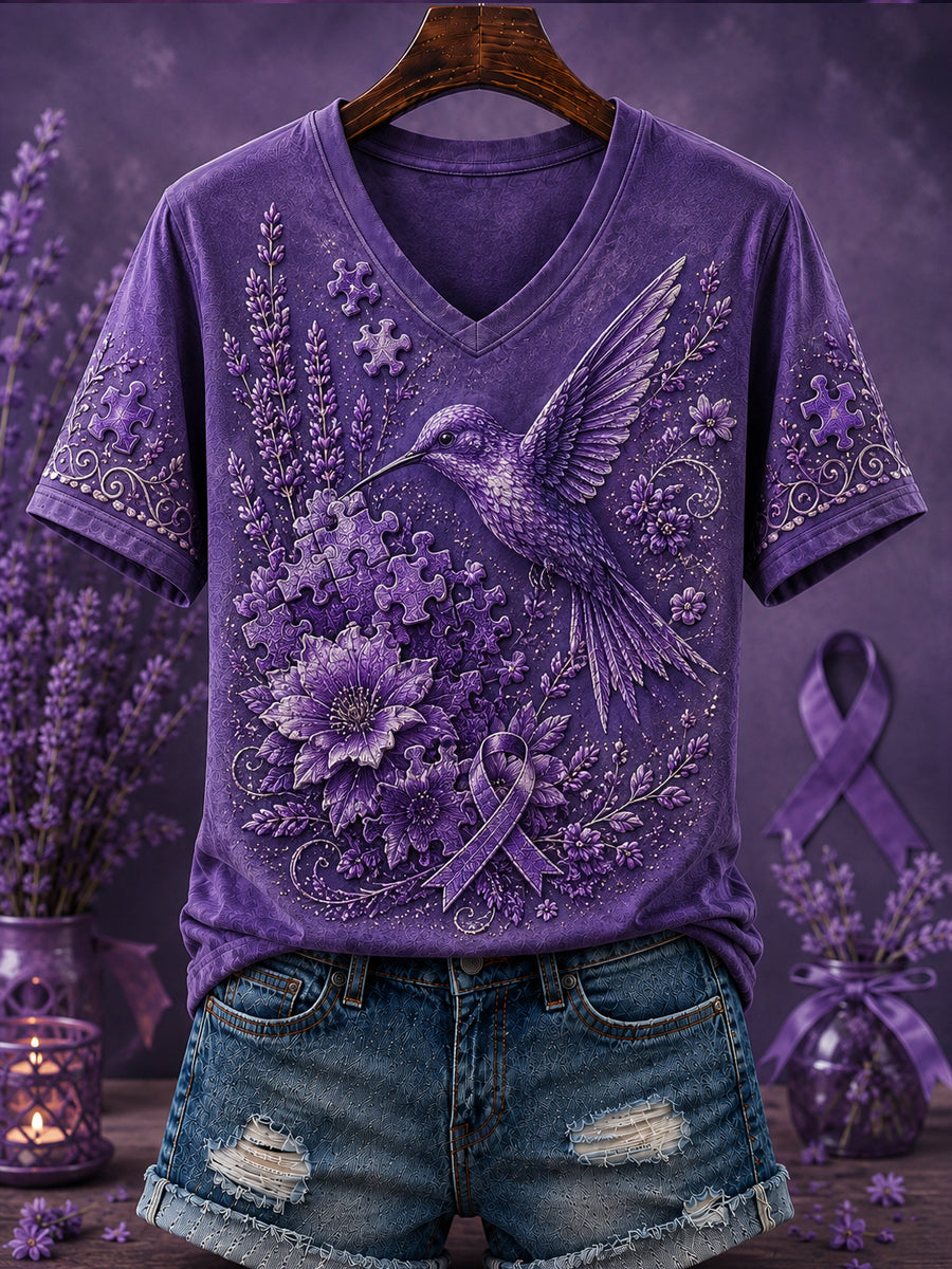 Women's Purple Flora Art Printed V-neck T-shirt