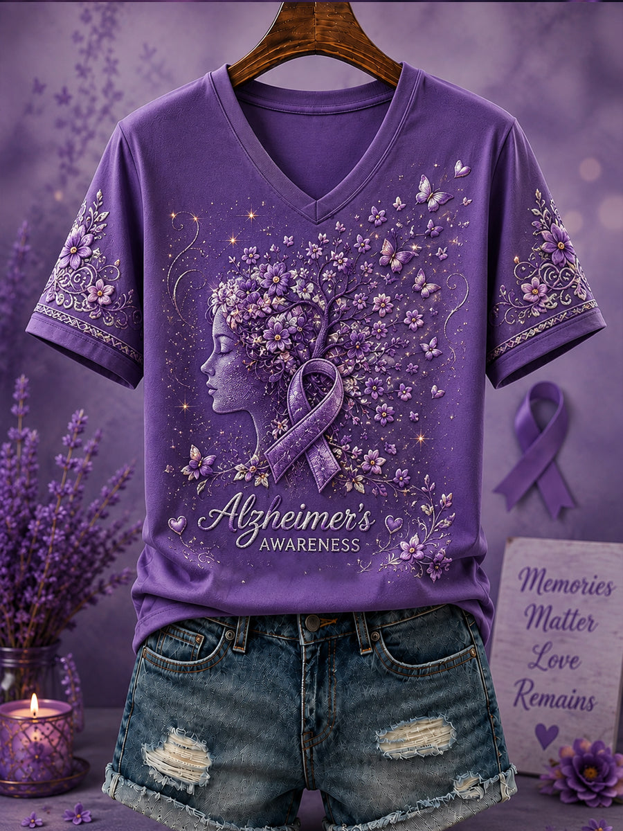 Women's Purple Flora Art Printed V-neck T-shirt