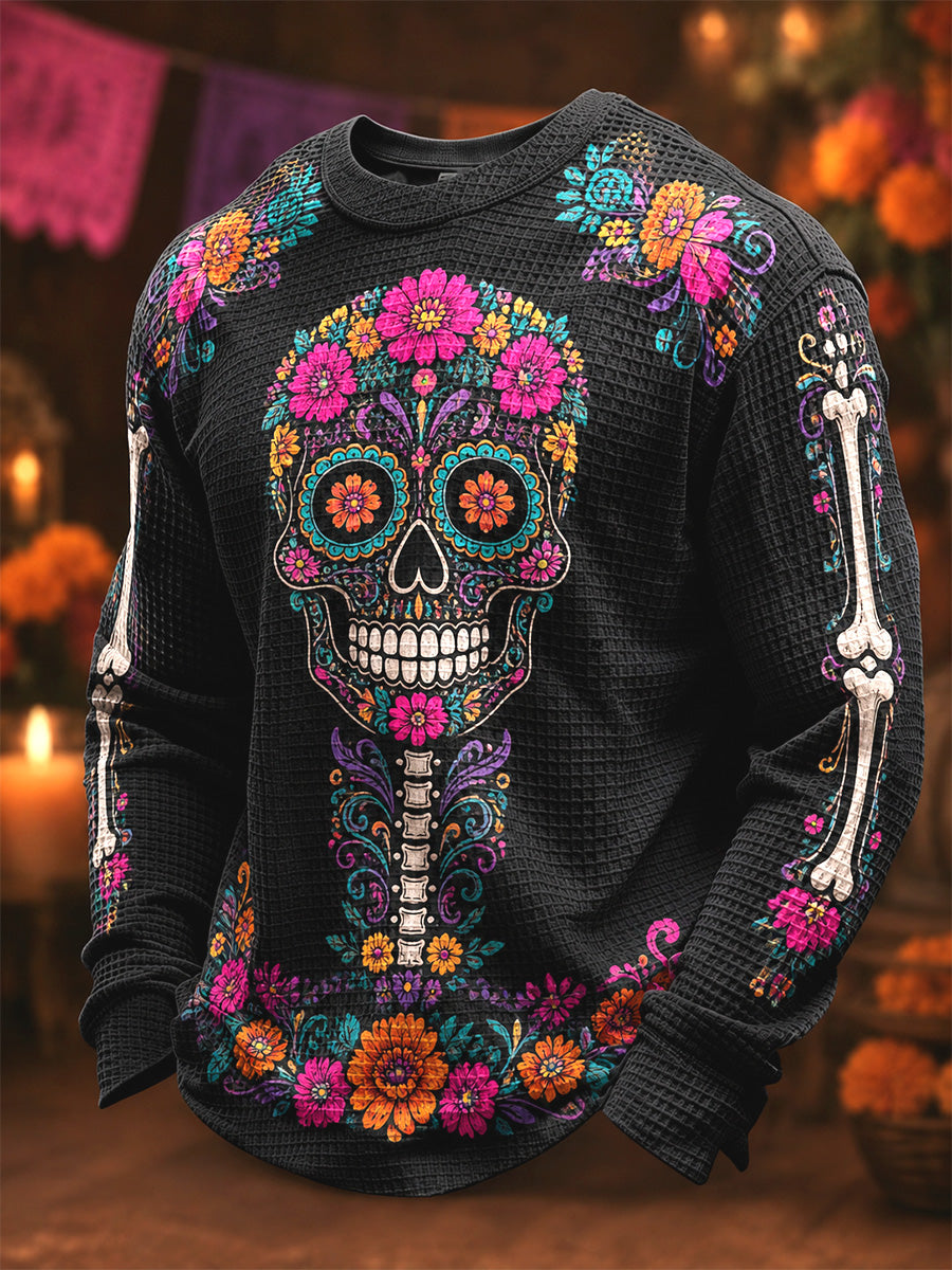 Men's Day Of The Dead Skull Print Casual Waffle Long Sleeve Top