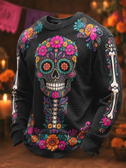 Men's Day Of The Dead Skull Print Casual Waffle Long Sleeve Top