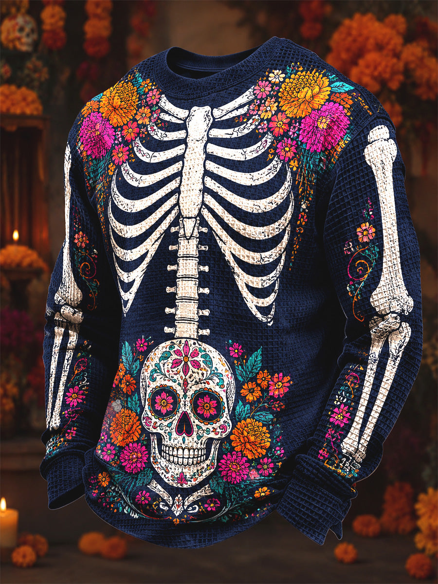 Men's Day Of The Dead Skull Print Casual Waffle Long Sleeve Top