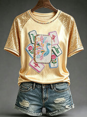 Women's Casual Mahjong-Print T-Shirts