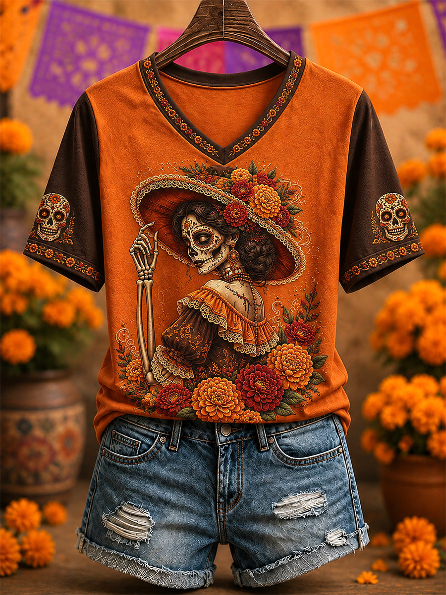 Women's Mexico Day of The Dead Art Print Casual V-Neck Tee