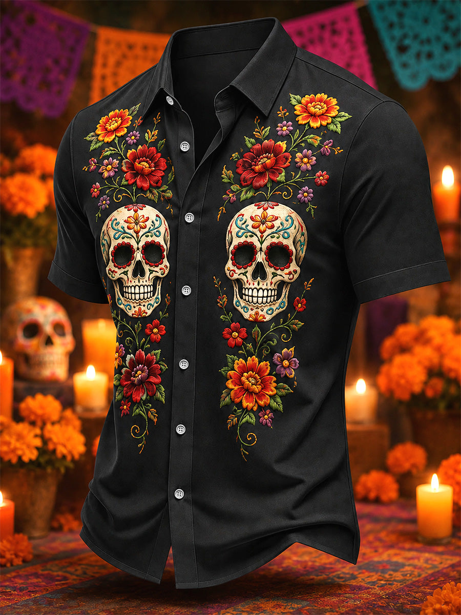 Men's Mexico Day of The Dead Art Print Casual Shirt