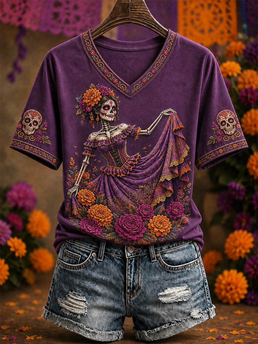 Women's Mexico Day of The Dead Art Print Casual V-Neck Tee