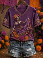 Women's Mexico Day of The Dead Art Print Casual V-Neck Tee