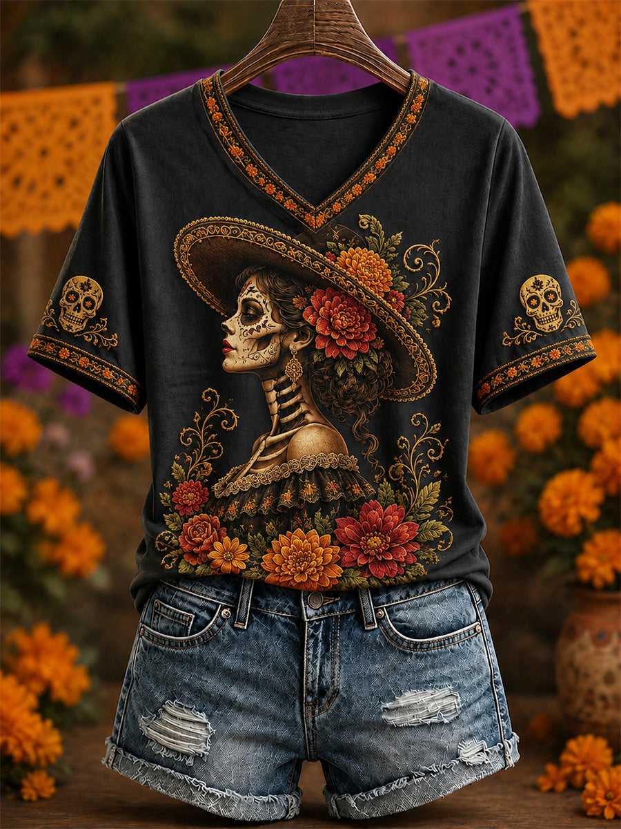 Women's Mexico Day of The Dead Art Print Casual V-Neck Tee