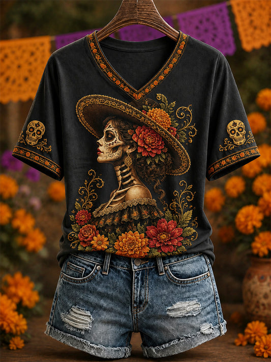 Women's Mexico Day of The Dead Art Print Casual V-Neck Tee