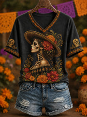 Women's Mexico Day of The Dead Art Print Casual V-Neck Tee