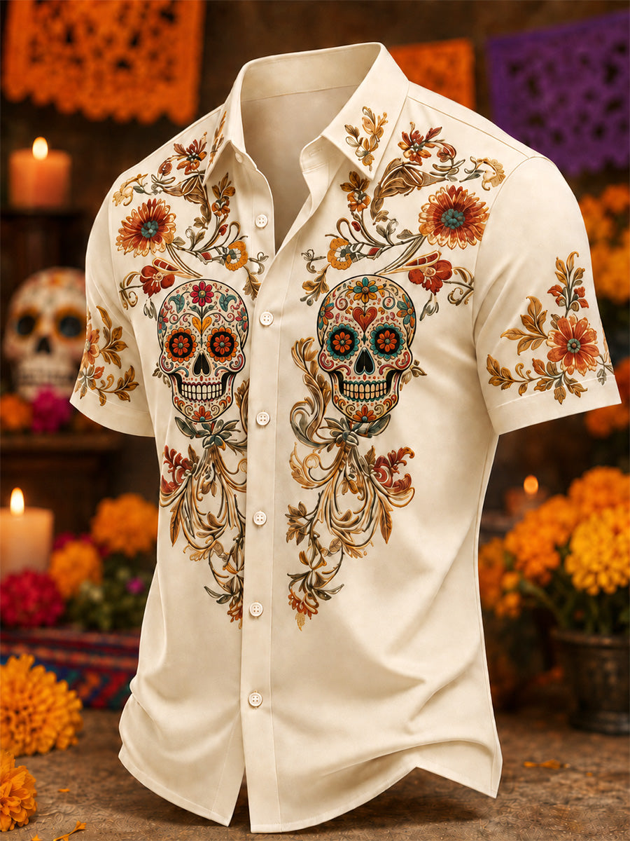 Men's Mexico Day of The Dead Art Print Casual Shirt