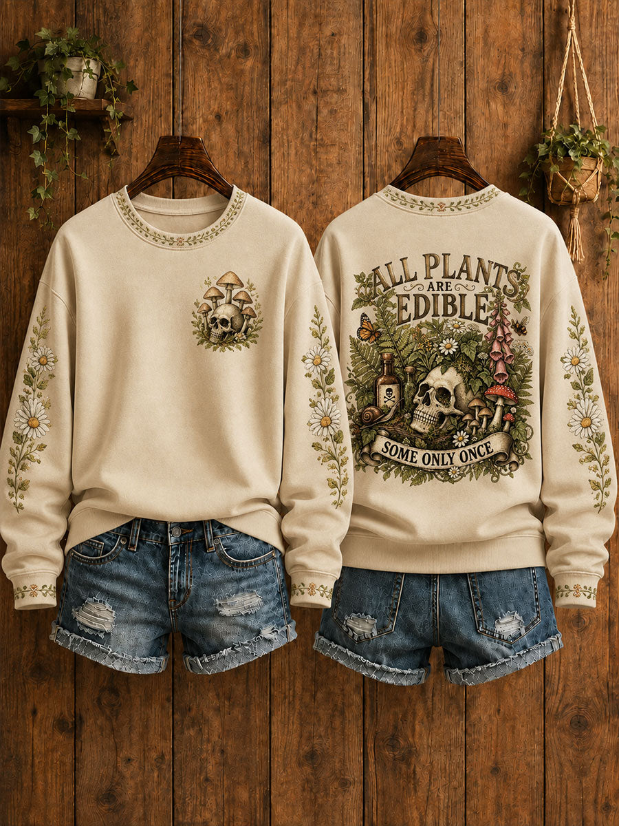 Women's "All Plants Are Edible Some Only Once" Halloween Floral Print Casual Regular Sweatshirt