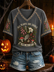 Women's "All Plants Are Edible Some Only Once" Halloween Floral Print Casual T-shirt