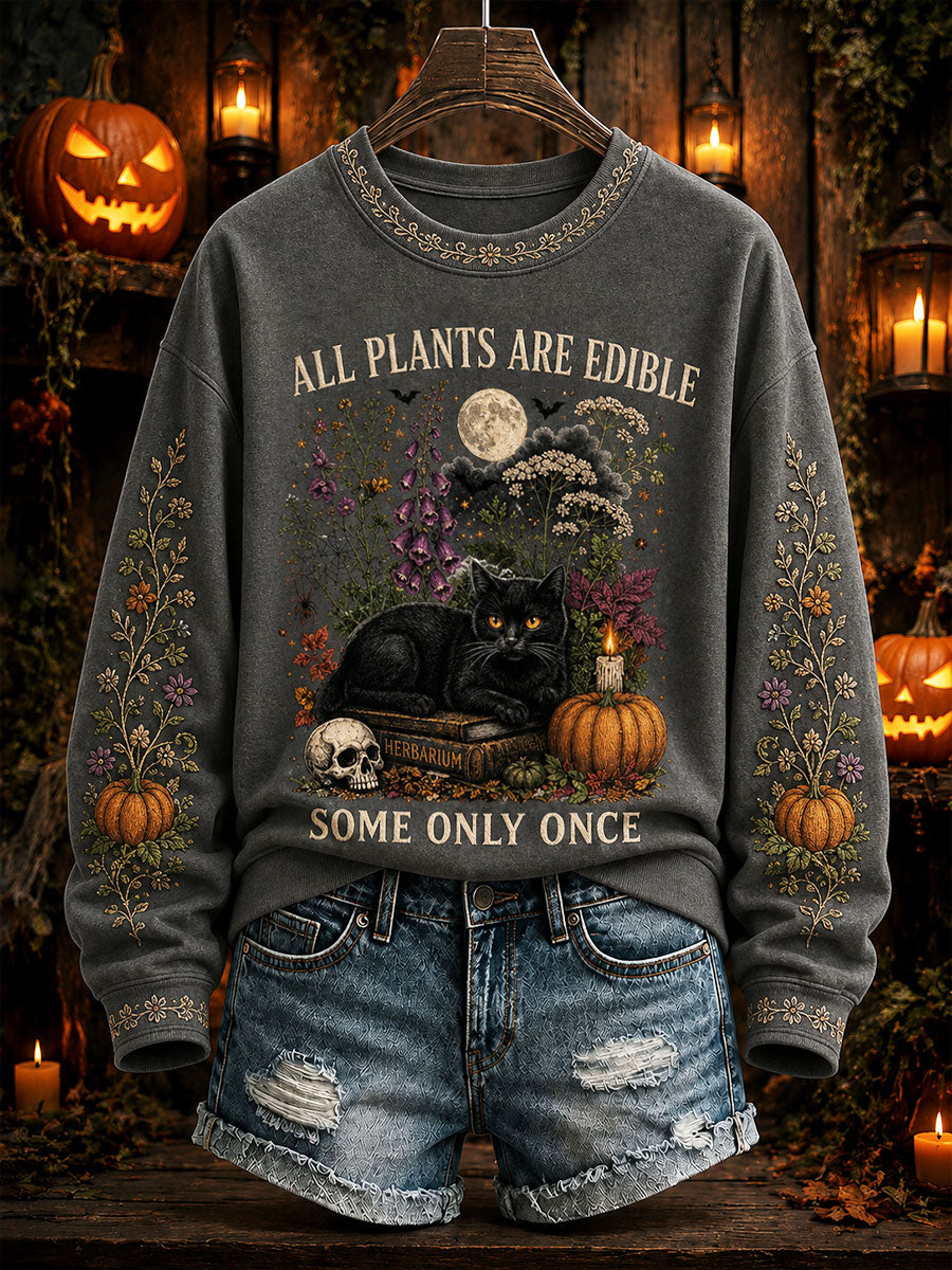 Women's "All Plants Are Edible Some Only Once" Halloween Floral Print Casual Regular Sweatshirt