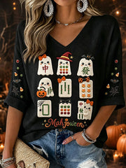 Women's Halloween Mahjong Waffle V-Neck T-Shirts