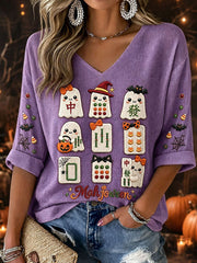 Women's Halloween Mahjong Waffle V-Neck T-Shirts