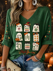 Women's Halloween Mahjong Waffle V-Neck T-Shirts