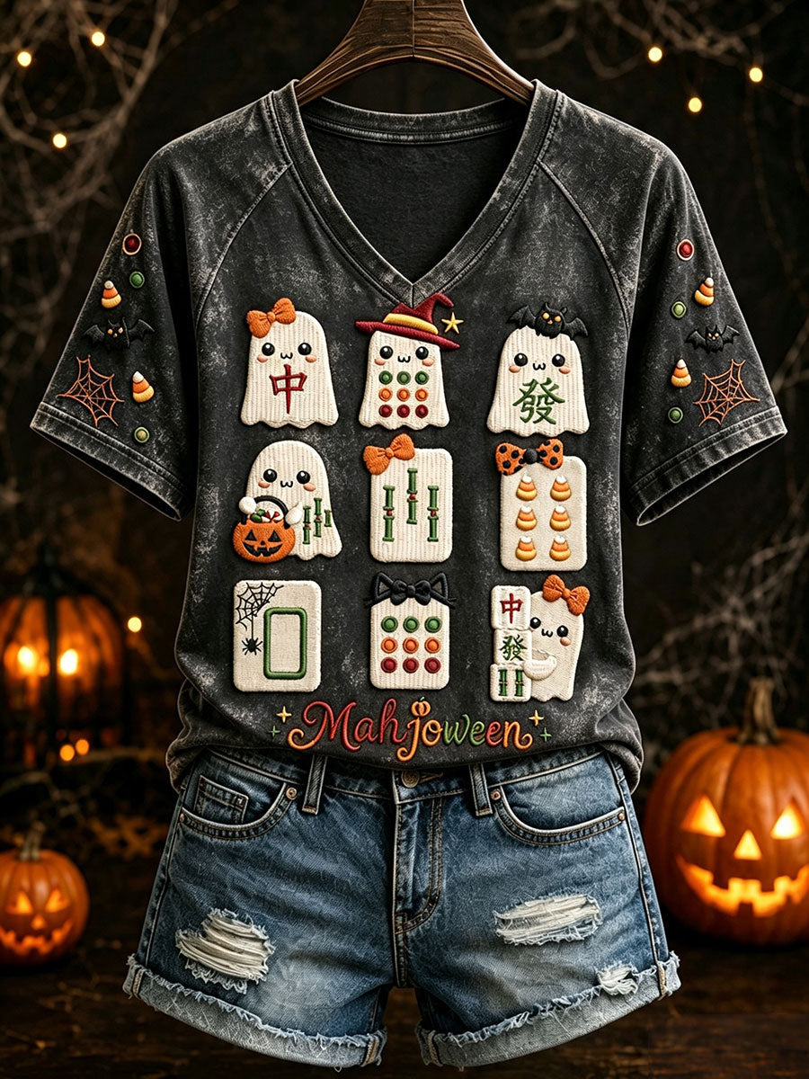 Women’s Halloween Mahjong V-Neck T-Shirts