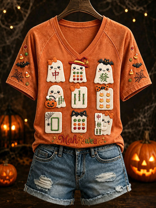 Women’s Halloween Mahjong V-Neck T-Shirts