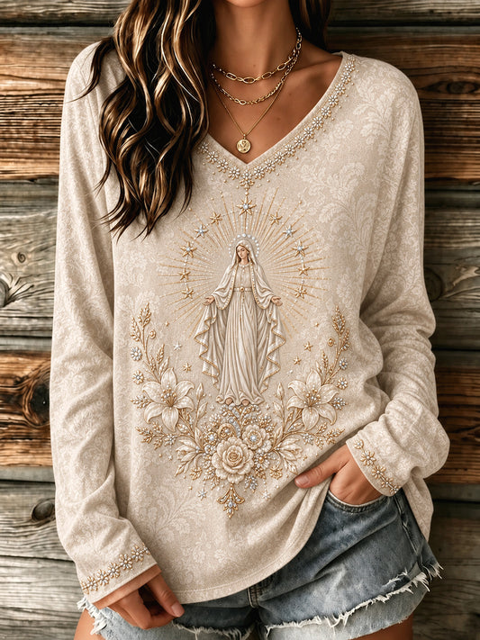 Women's Assumption of Mary Faith Art Printed V-Neck T-Shirt