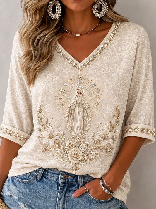 Women's Assumption of Mary Faith Art Mid-length Sleeves V-Neck T-Shirt