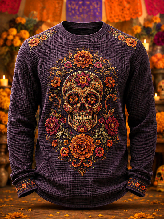 Men's Mexico Day of The Dead Art Print Casual Waffle Sweatshirt