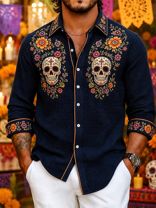 Men's Mexico Day of The Dead Art Print Casual Waffle Shirt