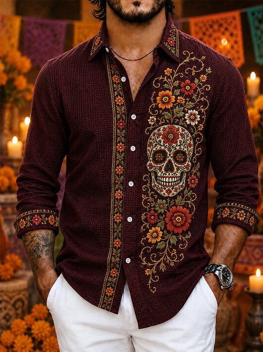 Men's Mexico Day of The Dead Art Print Casual Waffle Shirt