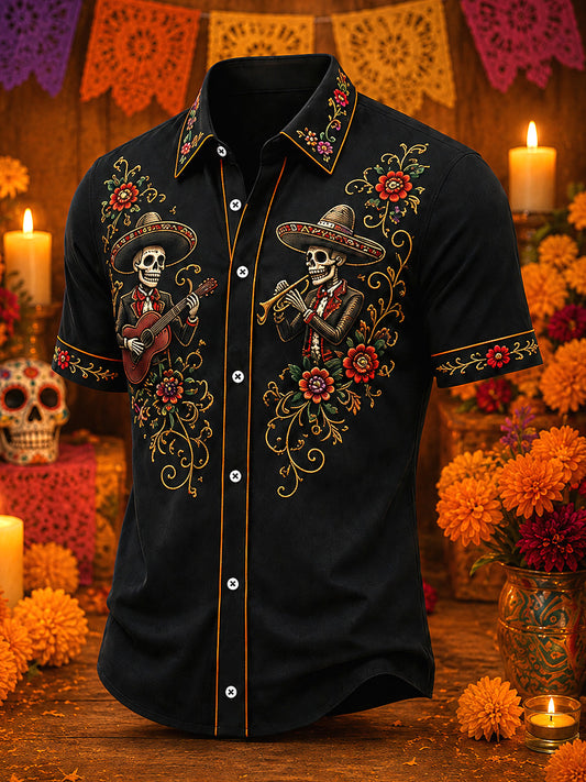 Men's Mexico Day of The Dead Art Print Casual Shirt