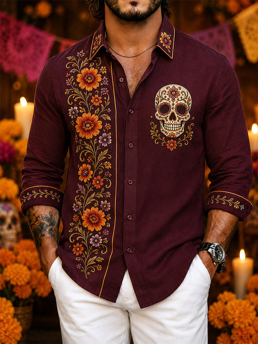 Men's Mexico Day of The Dead Art Print Casual Shirt