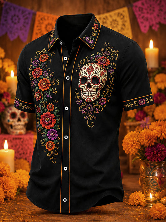 Men's Mexico Day of The Dead Art Print Casual Shirt