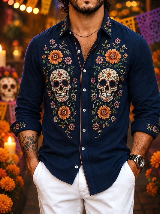 Men's Mexico Day of The Dead Art Print Casual Shirt