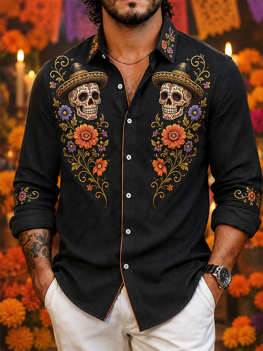 Men's Mexico Day of The Dead Art Print Casual Shirt