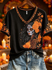Women's Day of the Dead Sugar Skull Lady Marigolds Floral Print short-sleeved T-shirt