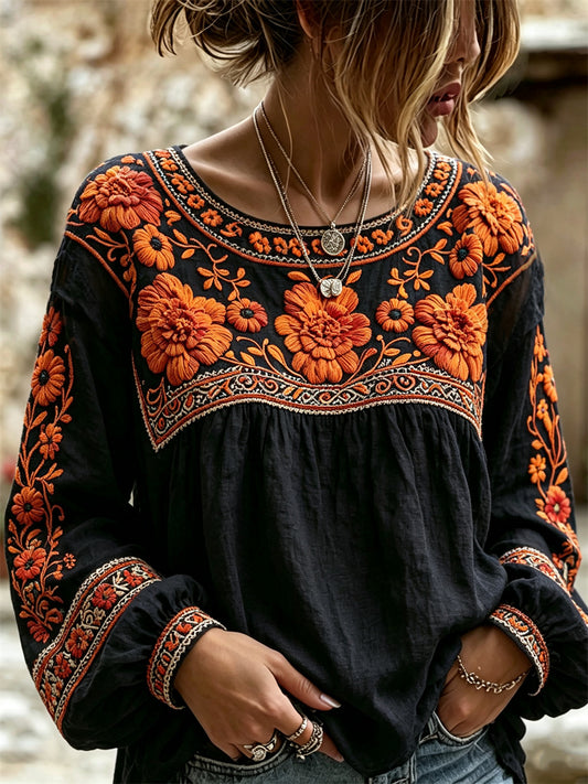 Women's Day of the Dead Mexican Marigolds Floral Print Cotton-Linen Shirt